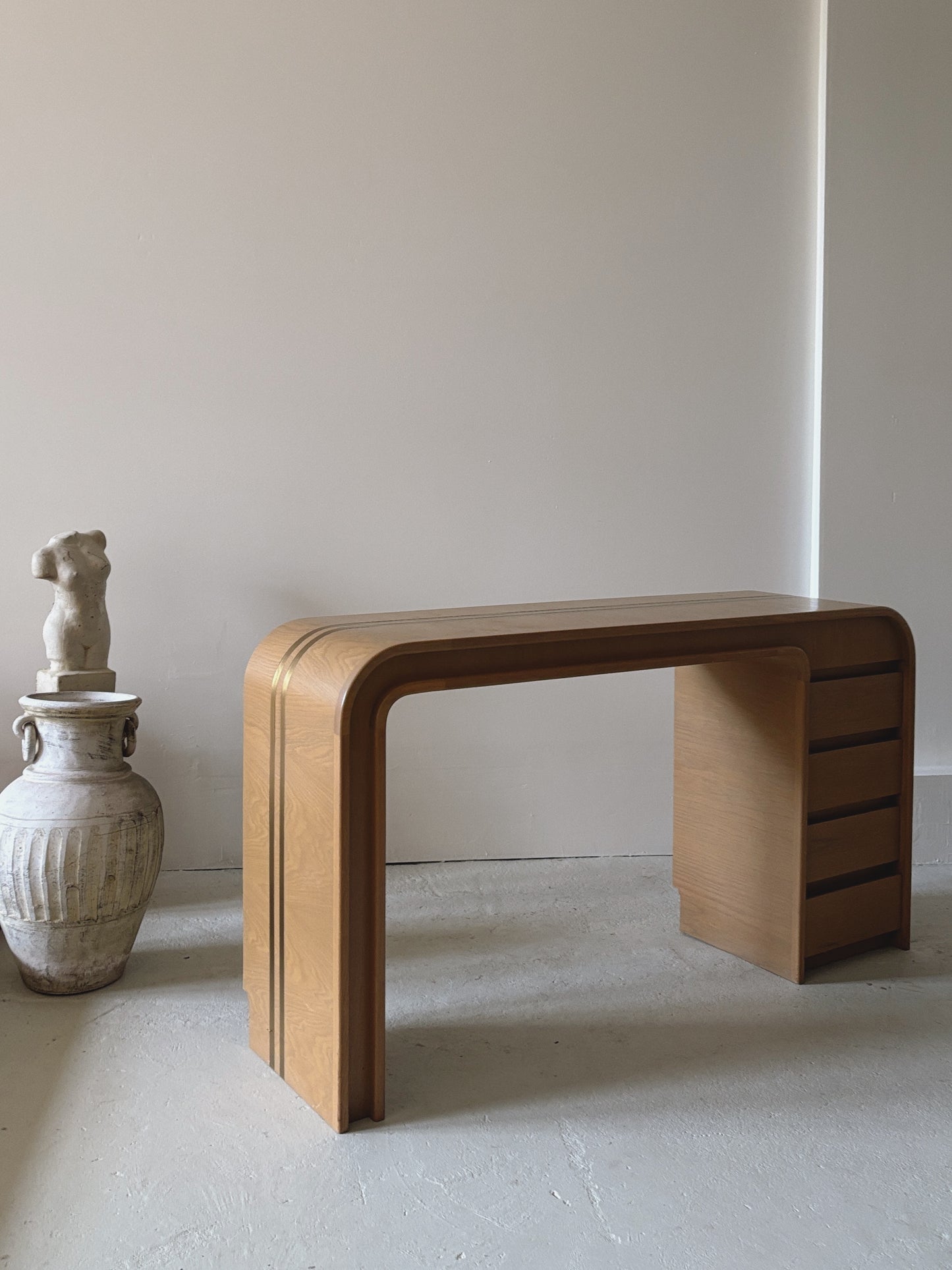 Custom 1980s Brass Inlay Desk + Stool