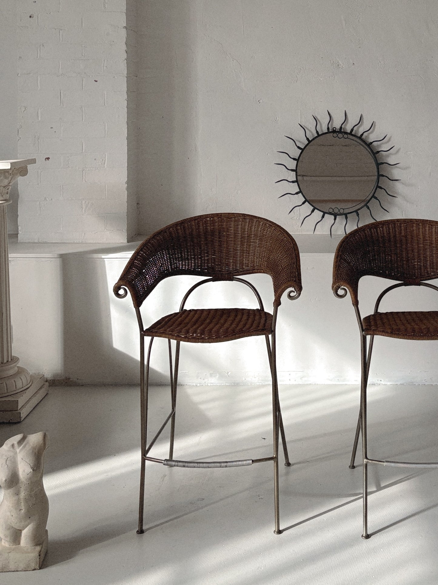 Set of 2 Rattan + Iron Stools