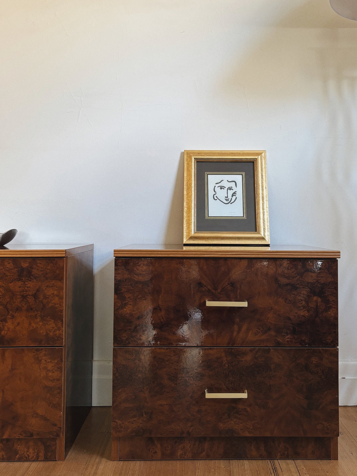 Glossy Burl Bedside Tables