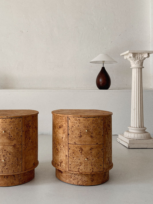 Round Vintage Burl Bedside Tables
