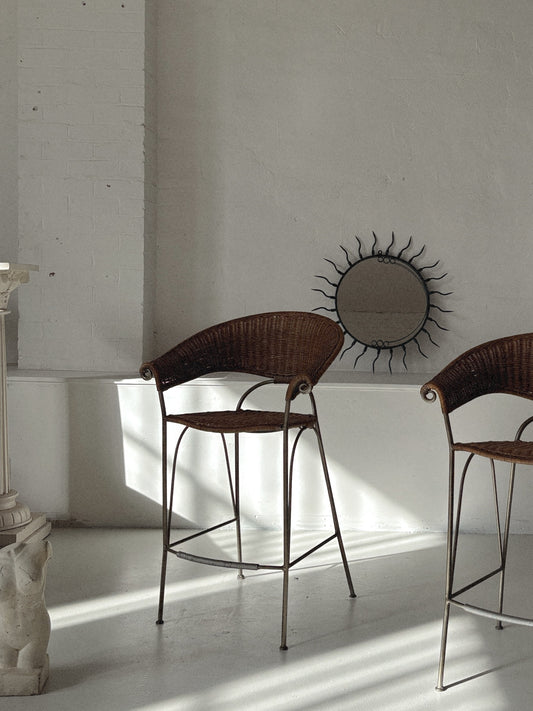 Set of 2 Rattan + Iron Stools