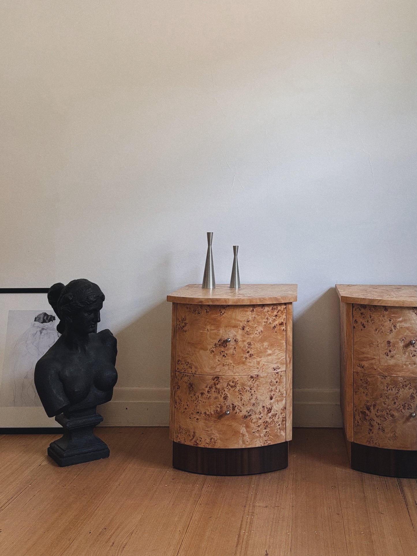 Custom Rounded Burl Bedside Tables