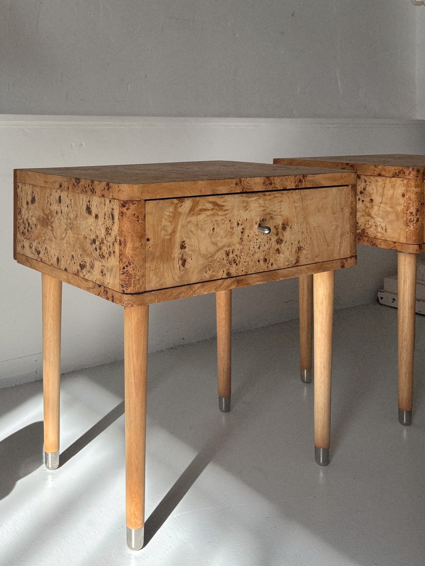 Single Draw Burl Bedside Tables