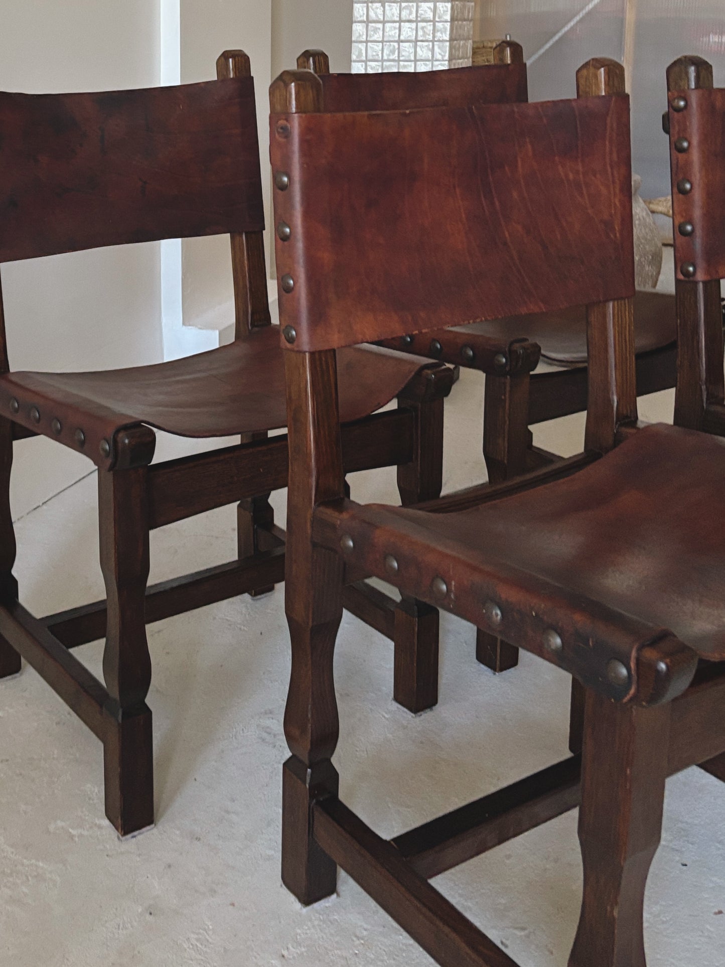 Set of 4 1970s Spanish Style Leather Chairs