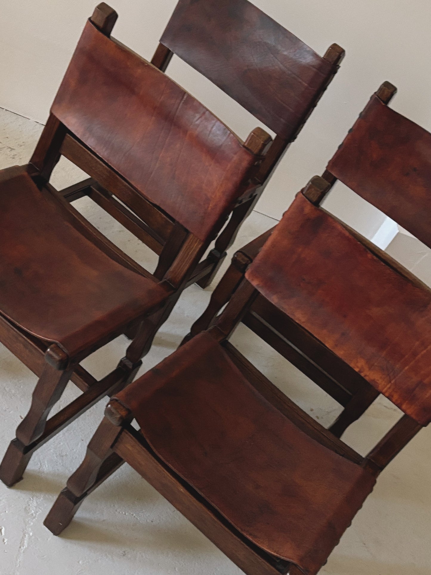 Set of 4 1970s Spanish Style Leather Chairs